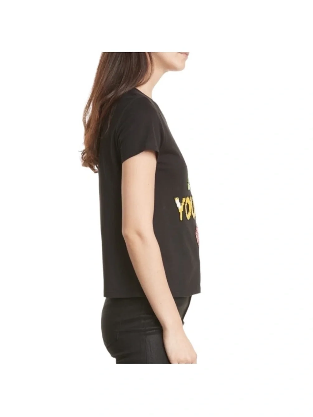 Alice + Olivia Black Sequin "Go Love Yourself" Tee with Red Heart Size L - Picture 4 of 10